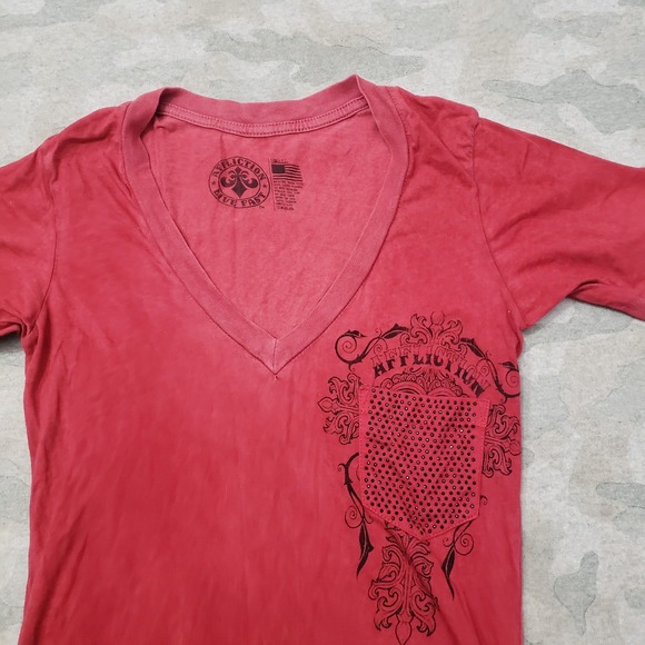 Affliction Top Womens Small Red V-Neck Short Sleeve - Picture 3 of 10